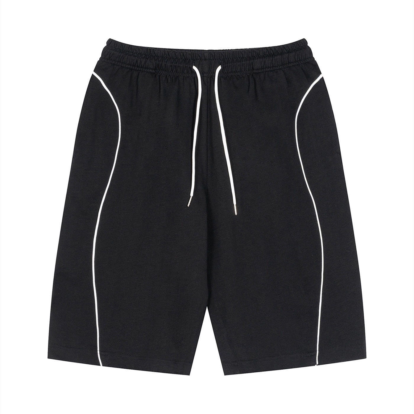 Anointed Garments black cotton unisex shorts with white piping detail, elastic drawstring waist, and side pockets.