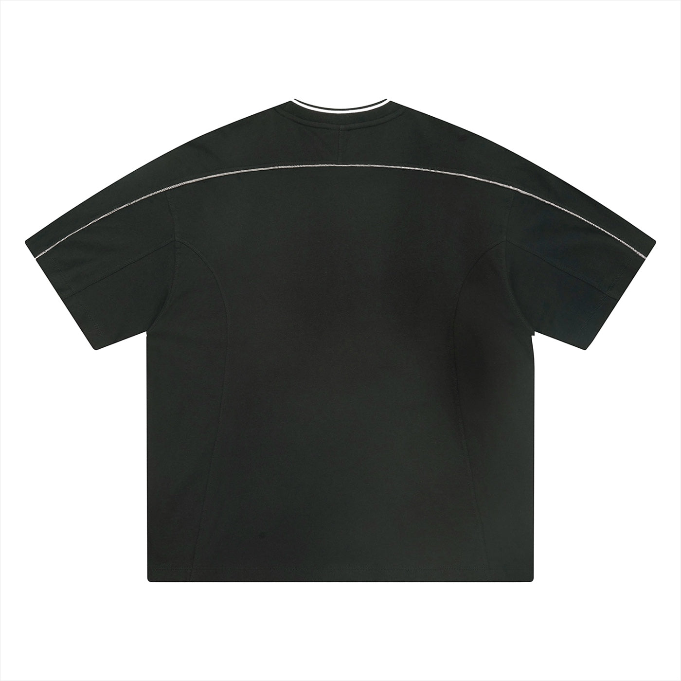 Back view of Anointed Garments black cotton crewneck t-shirt featuring white contrast piping on shoulders and neckline.
