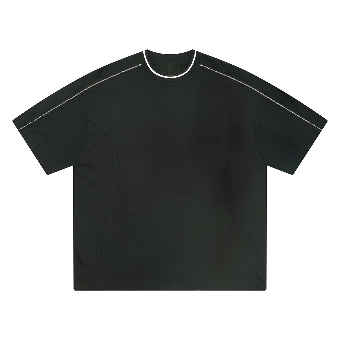 Anointed Garments black cotton crewneck t-shirt with white contrast piping on the shoulders and neckline.