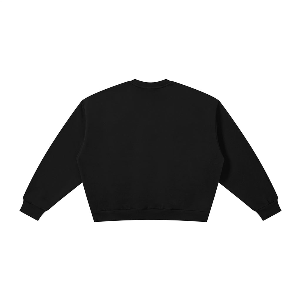 Back view of a black Anointed Garments Essential crewneck sweatshirt with a relaxed fit and ribbed cuffs and hem.