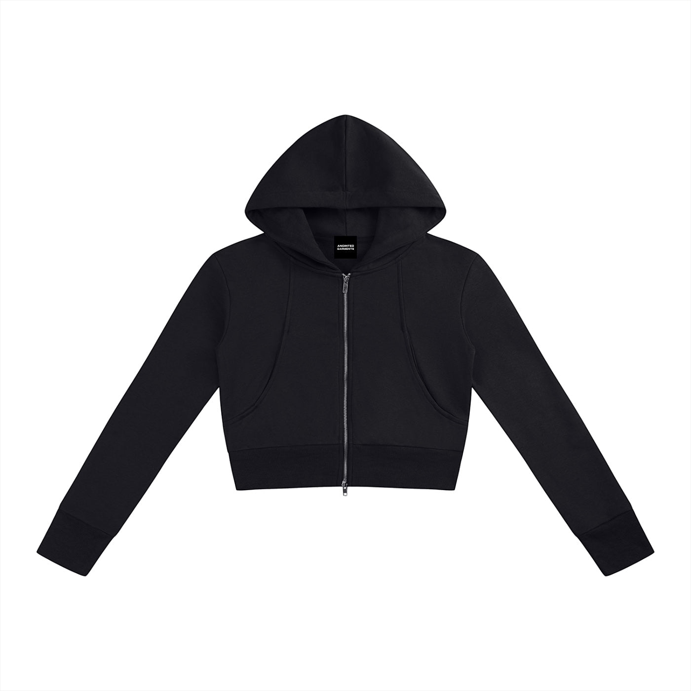 Anointed Garments black cotton blend slim crop full zip hoodie with long sleeves and hood