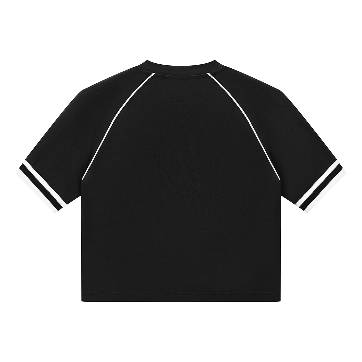 Anointed Garments black cropped athletic tee with white raglan piping and striped sleeve cuffs, back view.