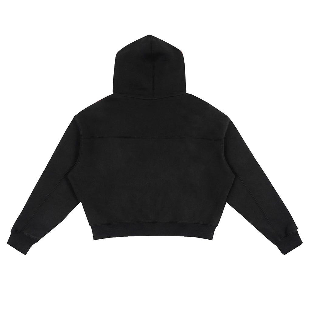Back view of the black Anointed Garments Essential Full Zip Hoodie with a cropped, boxy fit and structured hood.