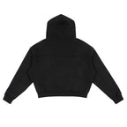 Back view of the black Anointed Garments Essential Full Zip Hoodie with a cropped, boxy fit and structured hood.