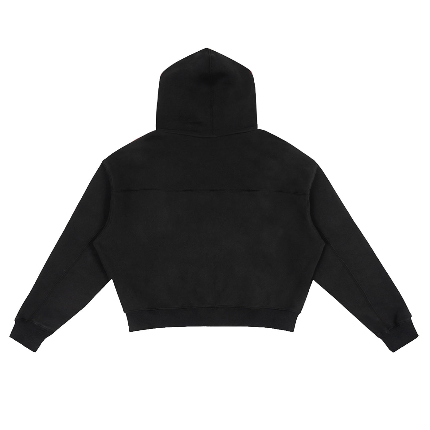 Back view of the black Anointed Garments Essential Full Zip Hoodie with a cropped, boxy fit and structured hood.