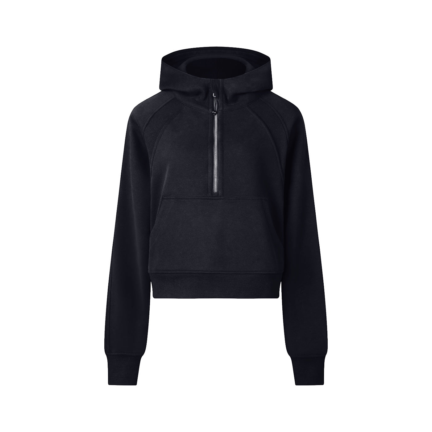 Anointed Garments black cropped half-zip pullover hoodie with a kangaroo pocket and raglan sleeves.