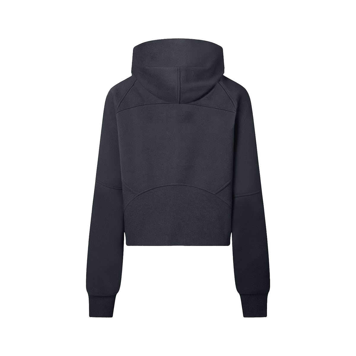 Back view of Anointed Garments black cropped half-zip pullover hoodie with raglan sleeves and ribbed hem.