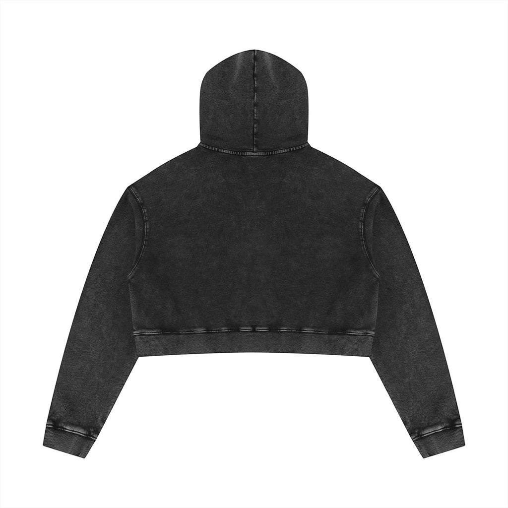 Back view of Anointed Garments black mineral wash cropped pullover hoodie in heavyweight cotton with ribbed cuffs.