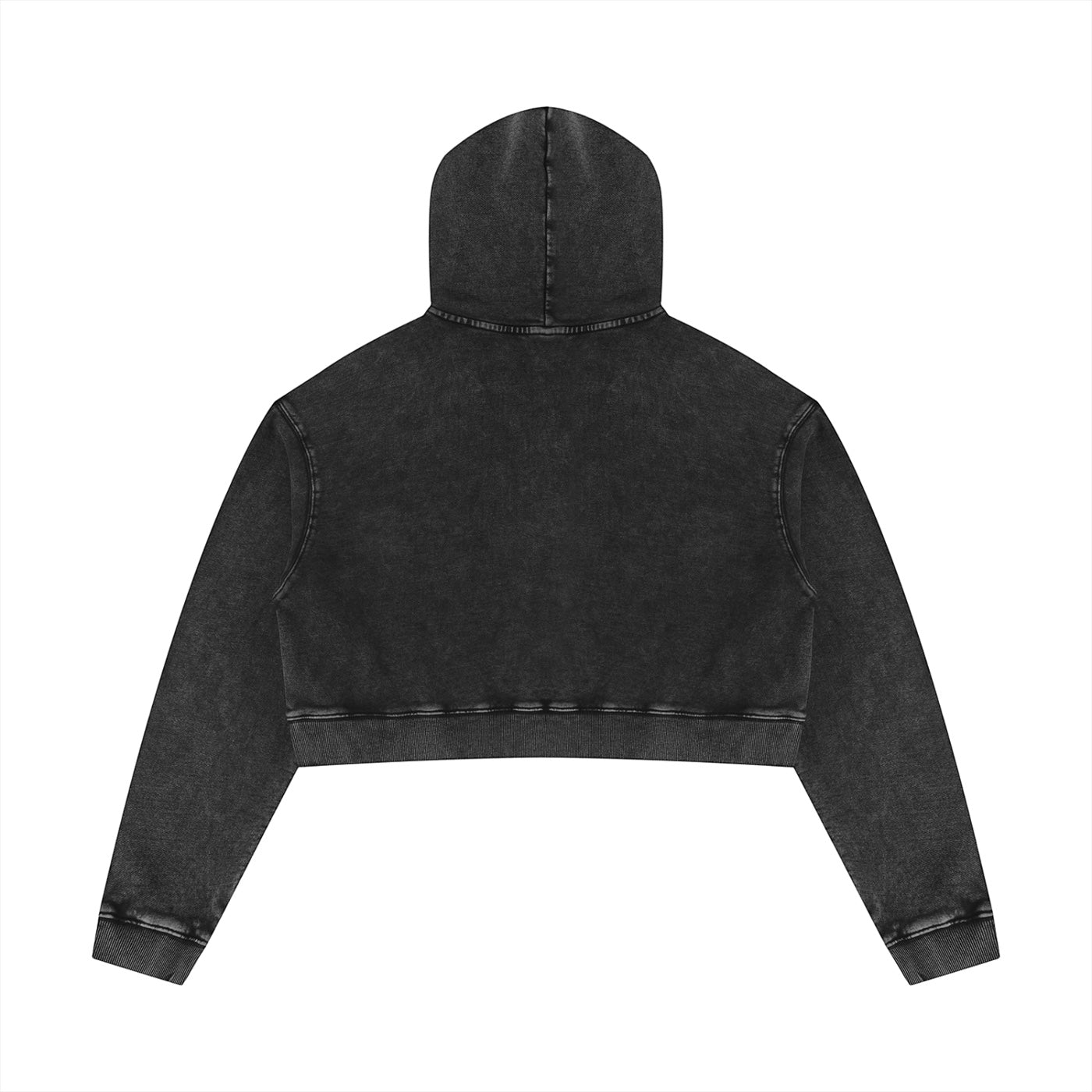 Back view of Anointed Garments black mineral wash cropped pullover hoodie in heavyweight cotton with ribbed cuffs.
