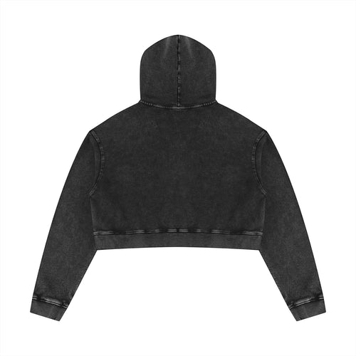 Back view of Anointed Garments black mineral wash cropped pullover hoodie in heavyweight cotton with ribbed cuffs.