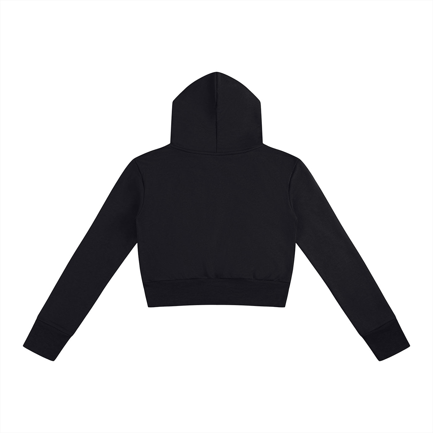 Back view of a black Anointed Garments cropped full zip hoodie with a hood and long sleeves in cotton blend fabric.