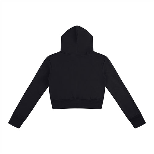 Back view of a black Anointed Garments cropped full zip hoodie with a hood and long sleeves in cotton blend fabric.