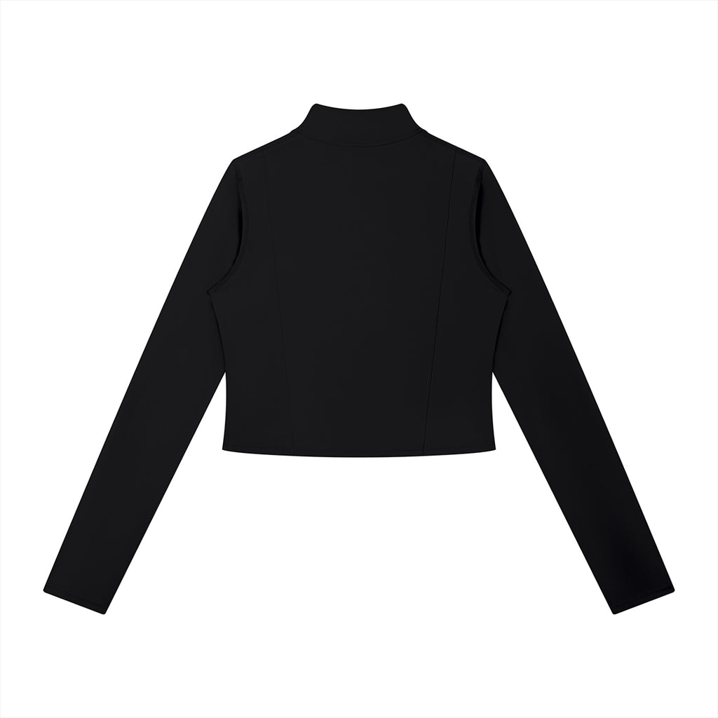 Anointed Garments black cropped long sleeve mock neck jacket with a structured athletic fit and back view.