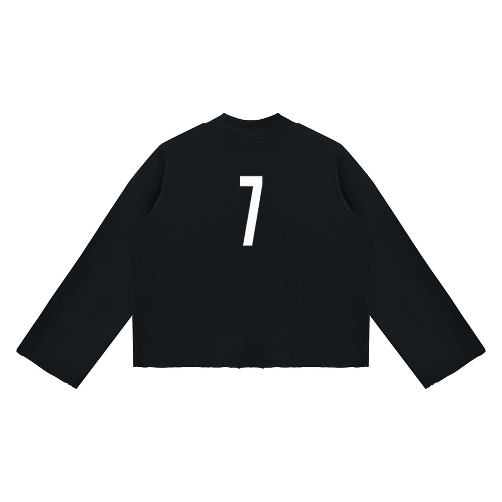 Back view of Anointed Garments black cropped crewneck sweatshirt featuring a large white number 7 graphic