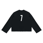 Back view of Anointed Garments black cropped crewneck sweatshirt featuring a large white number 7 graphic