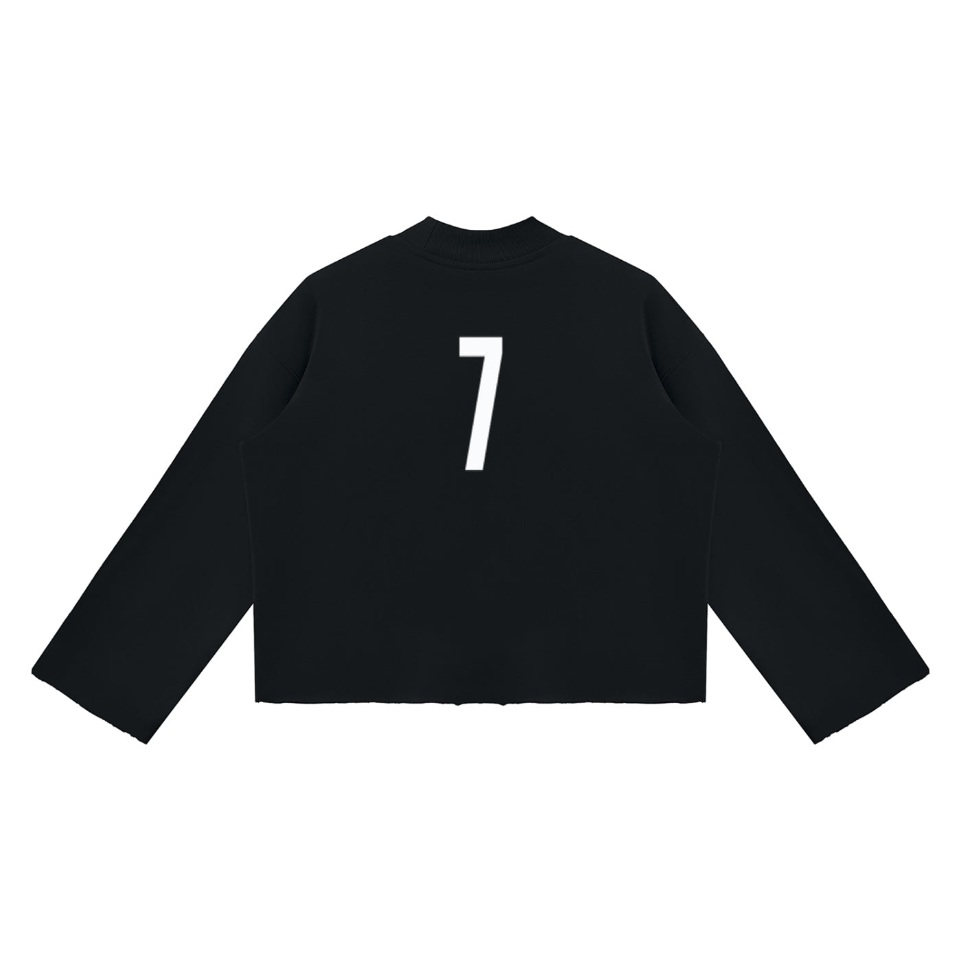 Back view of Anointed Garments black cropped crewneck sweatshirt featuring a large white number 7 graphic