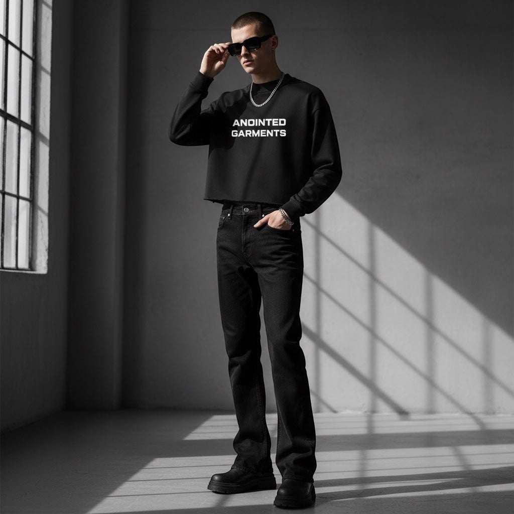 Model wearing an Anointed Garments black cropped crewneck sweatshirt with white chest branding and black jeans.