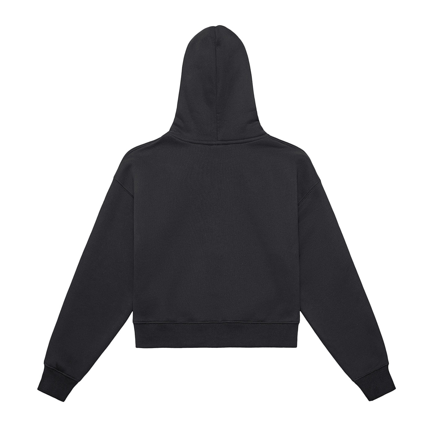 Back view of a black Anointed Garments cropped full zip up hoodie with a hood and long sleeves on a white background