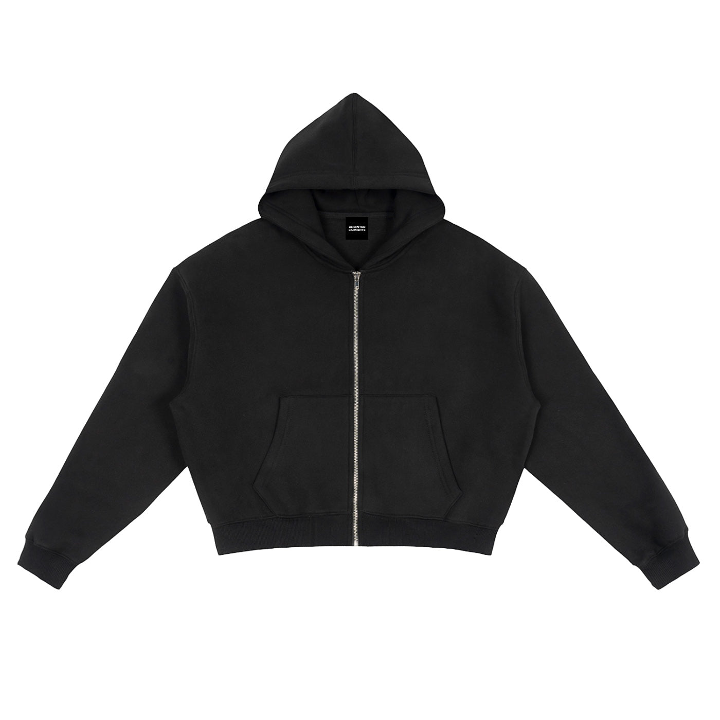 Anointed Garments black heavyweight cotton blend full zip hoodie with a cropped boxy fit and metal zipper