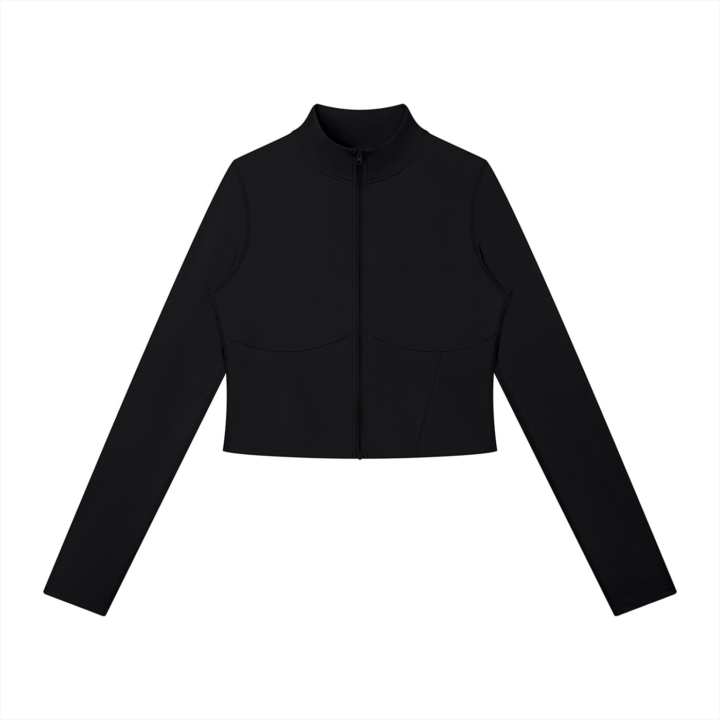 Anointed Garments black long sleeve cropped zip-up jacket with a mock neck and structured bodice detail.