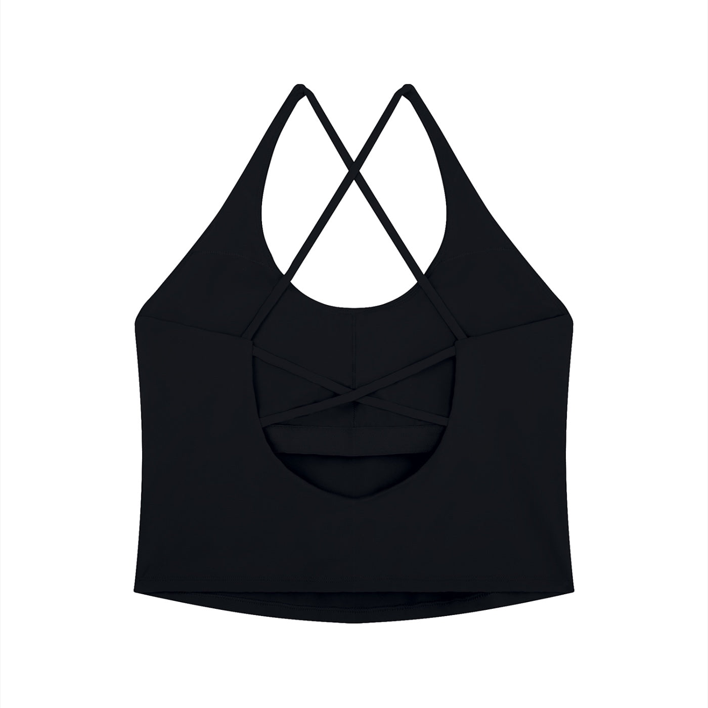 Anointed Garments black moisture-wicking crop tank top with a stylish cross-back strap design for athletic performance.
