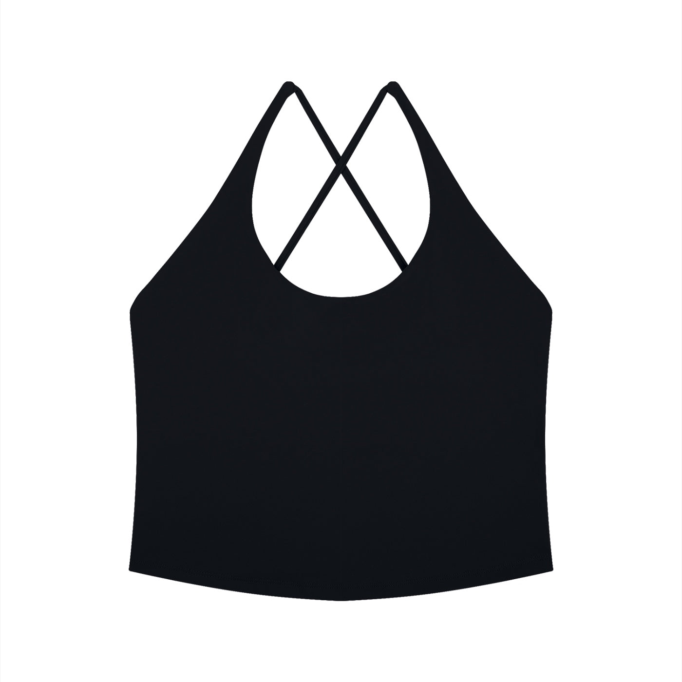 Anointed Garments black athletic crop tank top with a stylish cross-back strap design in moisture-wicking fabric.