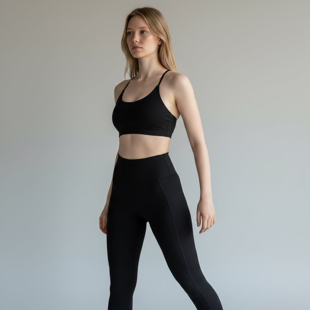Anointed Garments black performance sports bra with a cross-back design worn by a model against a neutral background.