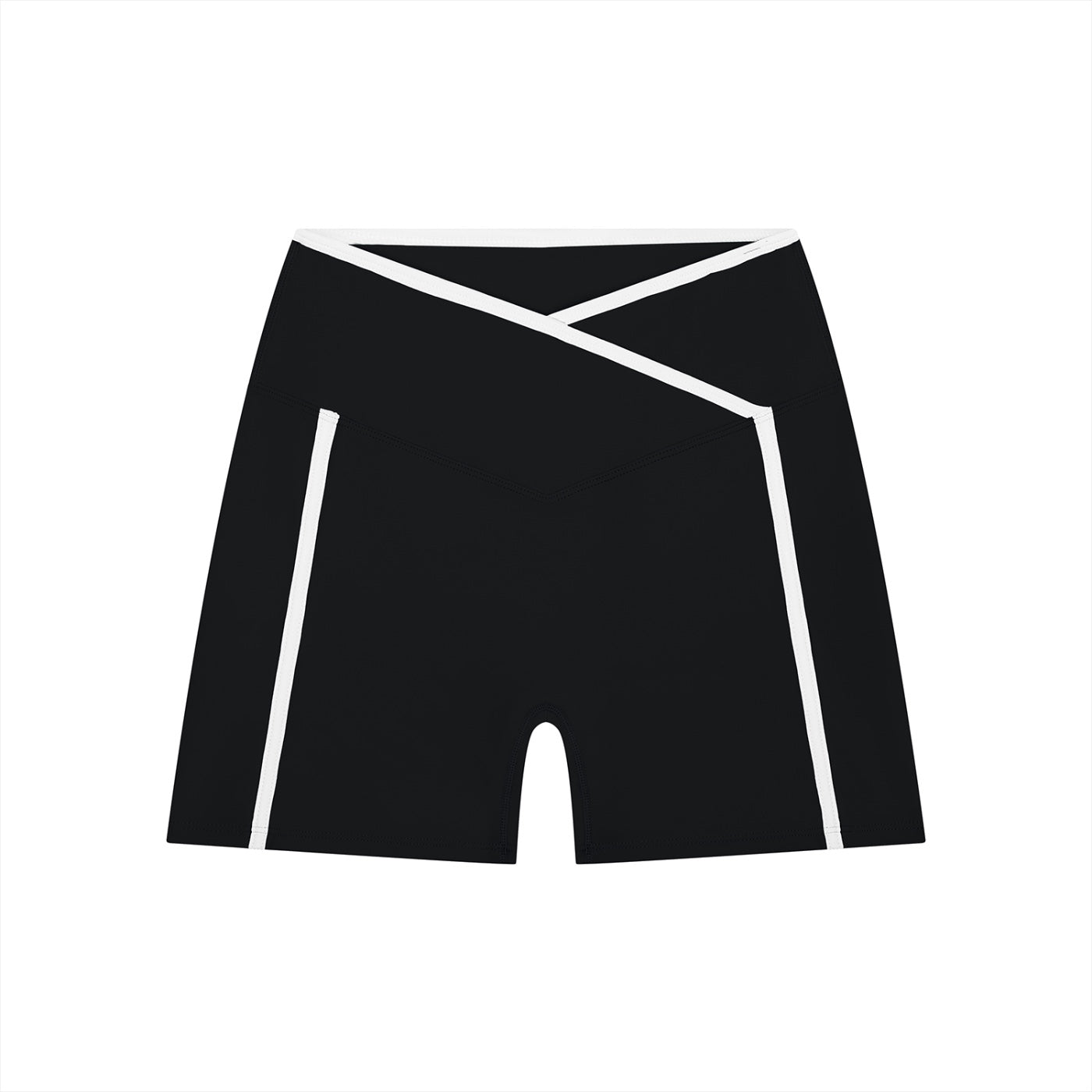 Anointed Garments black athletic performance shorts with a high-rise crossover waistband and white side piping detail.