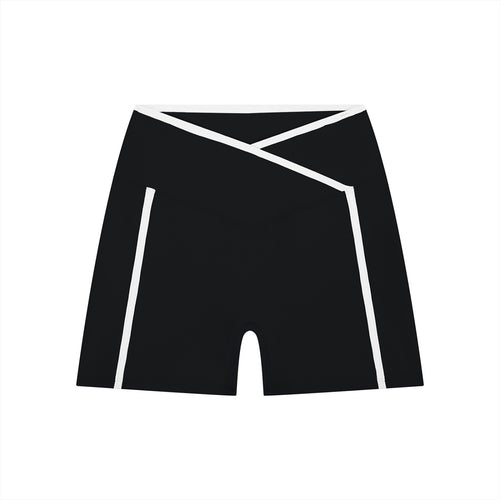 Anointed Garments black high-rise yoga shorts with white trim and a stylish crossover waistband design.
