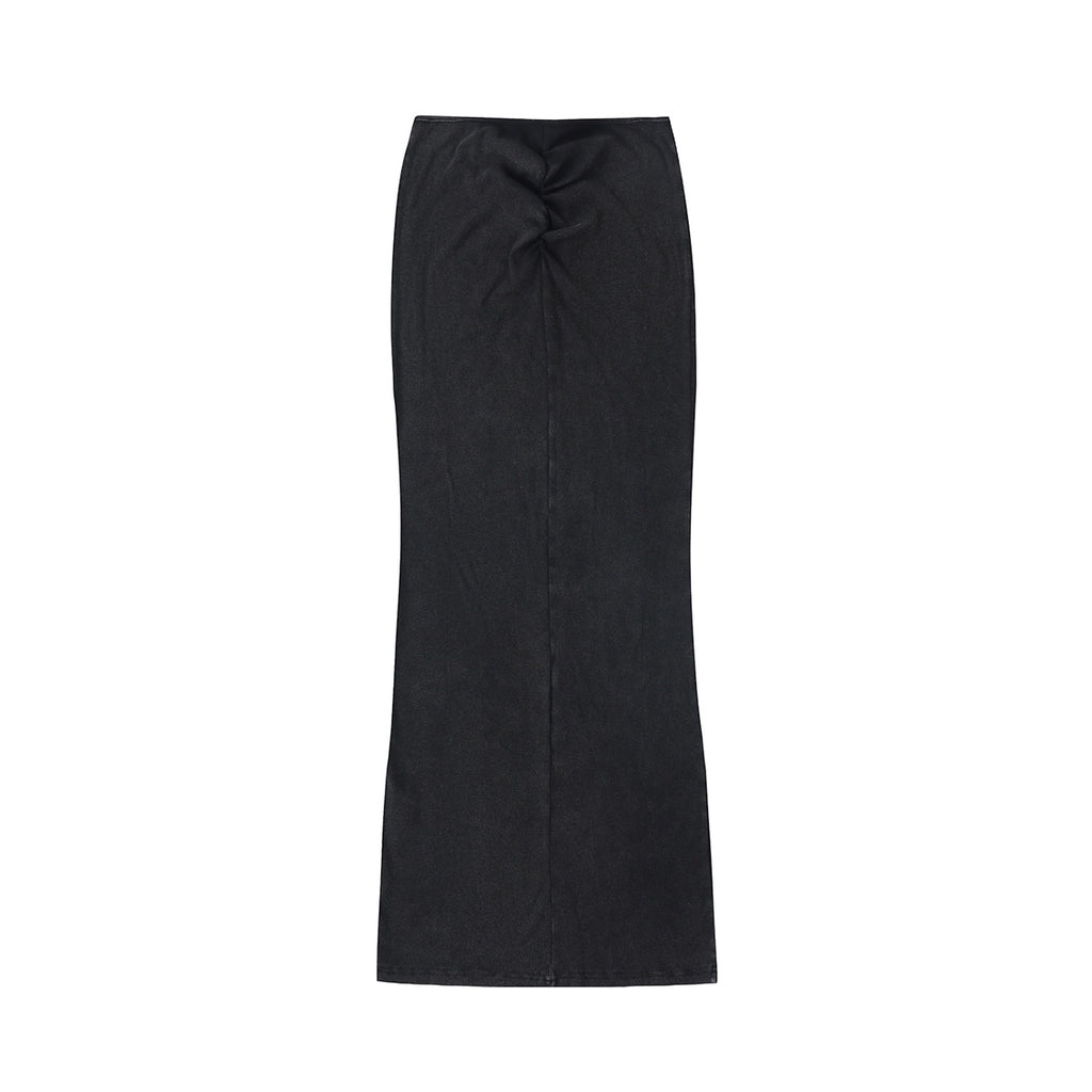 Anointed Garments full-length washed black denim maxi skirt with a unique front twist detail and bodycon silhouette.