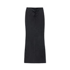 Anointed Garments full-length washed black denim maxi skirt with a unique front twist detail and bodycon silhouette.