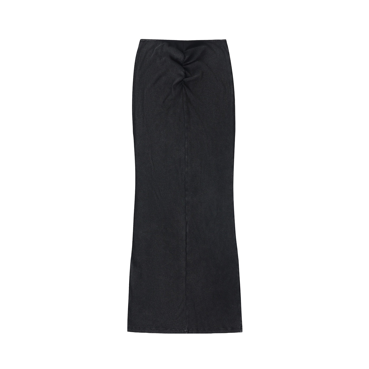 Anointed Garments full-length washed black denim maxi skirt with a unique front twist detail and bodycon silhouette.