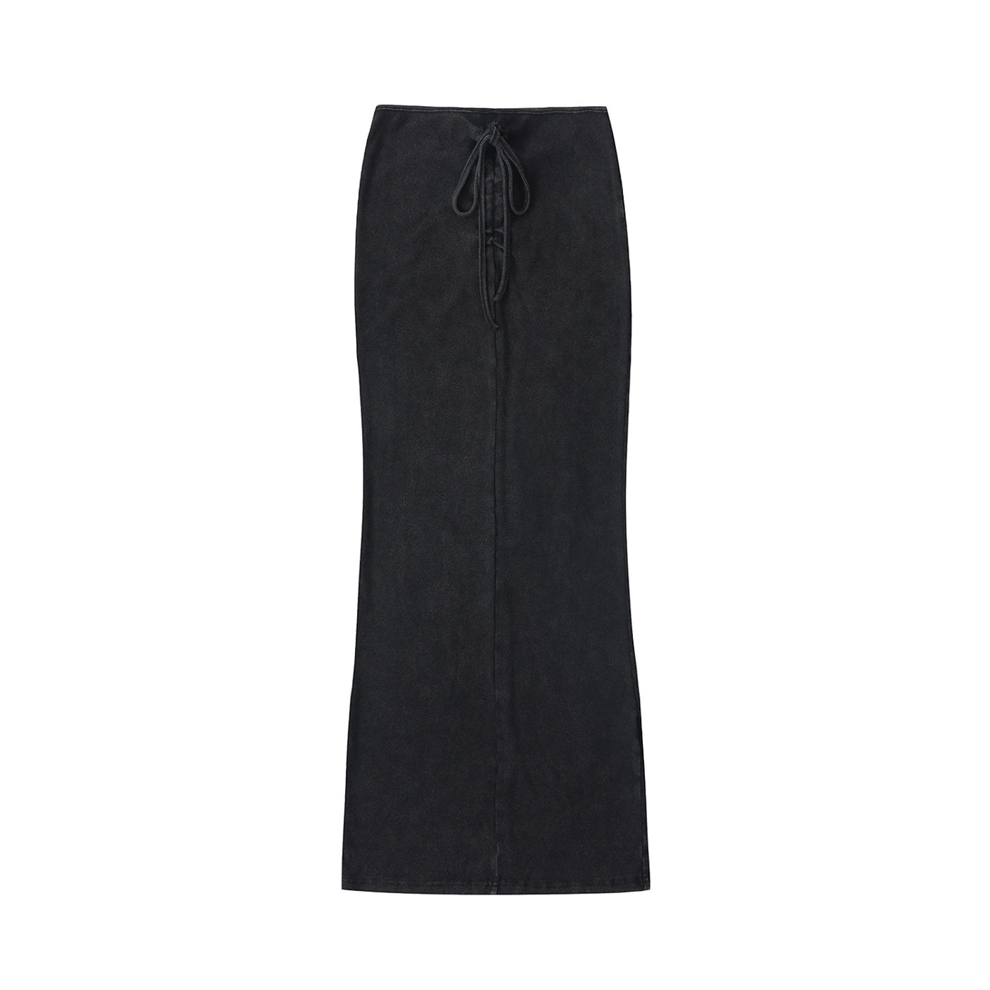 Anointed Garments full-length washed black denim maxi skirt with a front lace-up detail and slim bodycon fit.