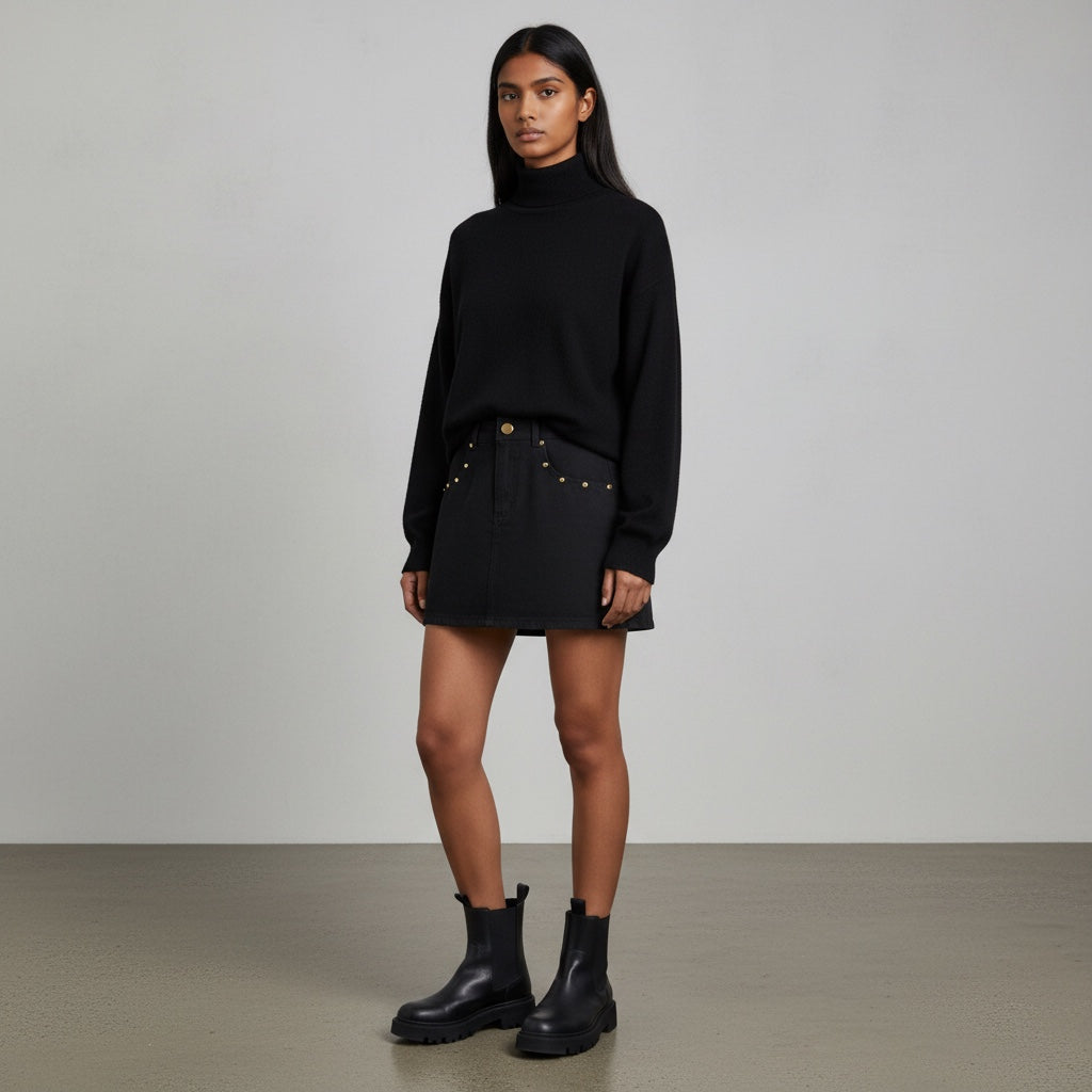 Model wearing Anointed Garments black denim mini skirt with gold-tone hardware, black turtleneck, and boots.