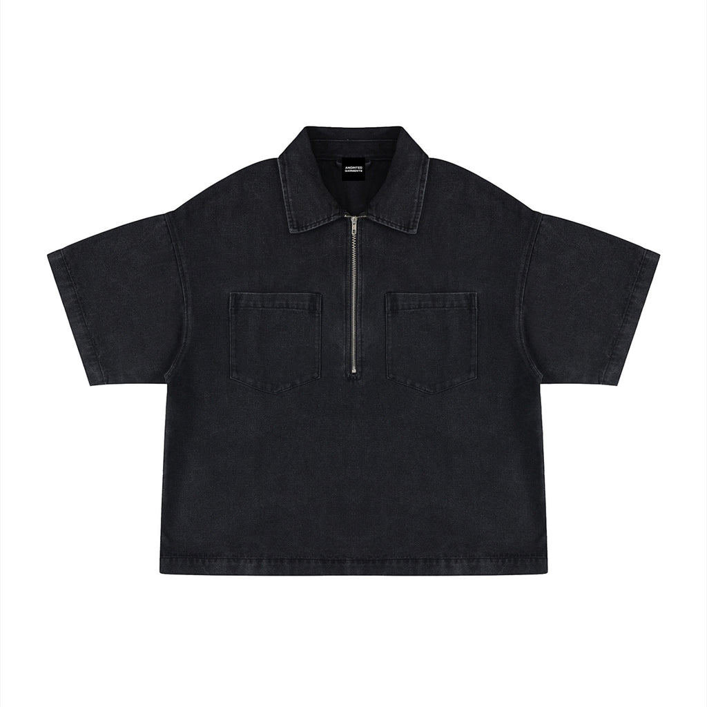 Anointed Garments vintage wash black denim quarter-zip shirt with dual chest pockets and a boxy oversized fit.