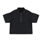 Anointed Garments vintage wash black denim quarter-zip shirt with dual chest pockets and a boxy oversized fit.