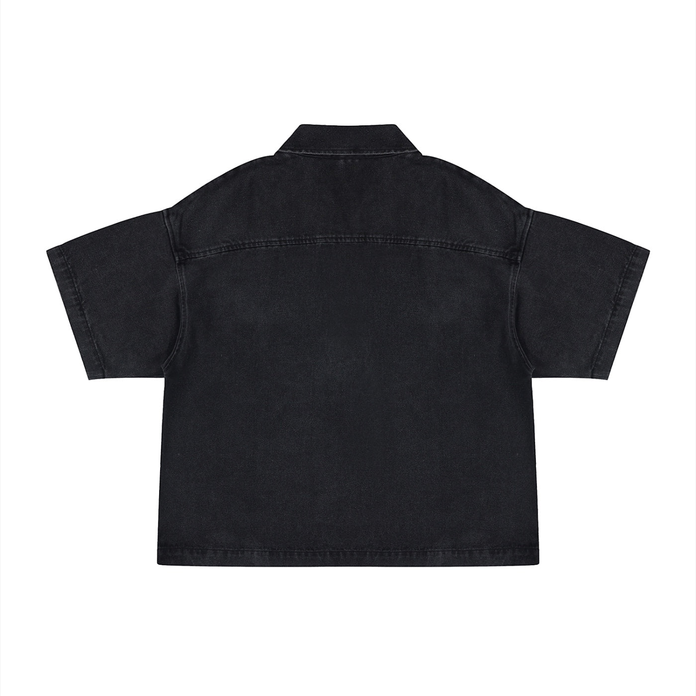 Back view of Anointed Garments short sleeve black denim shirt with a relaxed boxy fit and classic collar.