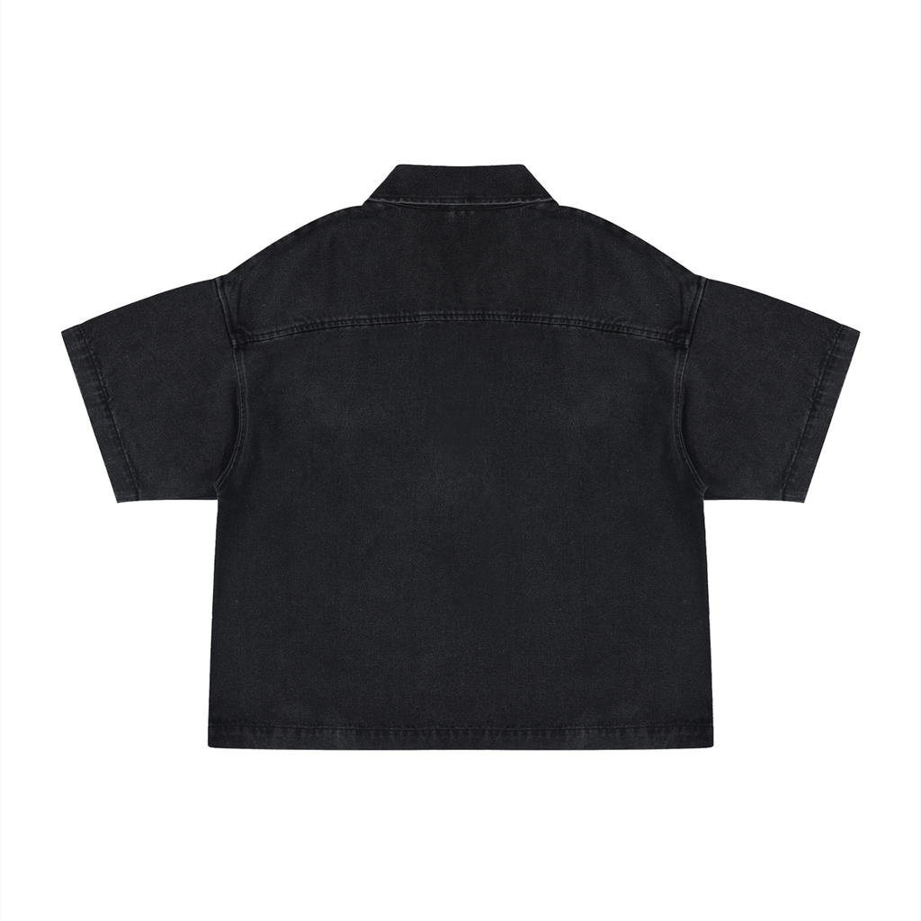 Back view of Anointed Garments unisex black vintage wash denim quarter-zip shirt with short sleeves and boxy fit.