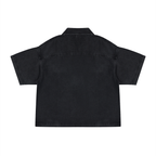 Back view of Anointed Garments unisex black vintage wash denim quarter-zip shirt with short sleeves and boxy fit.