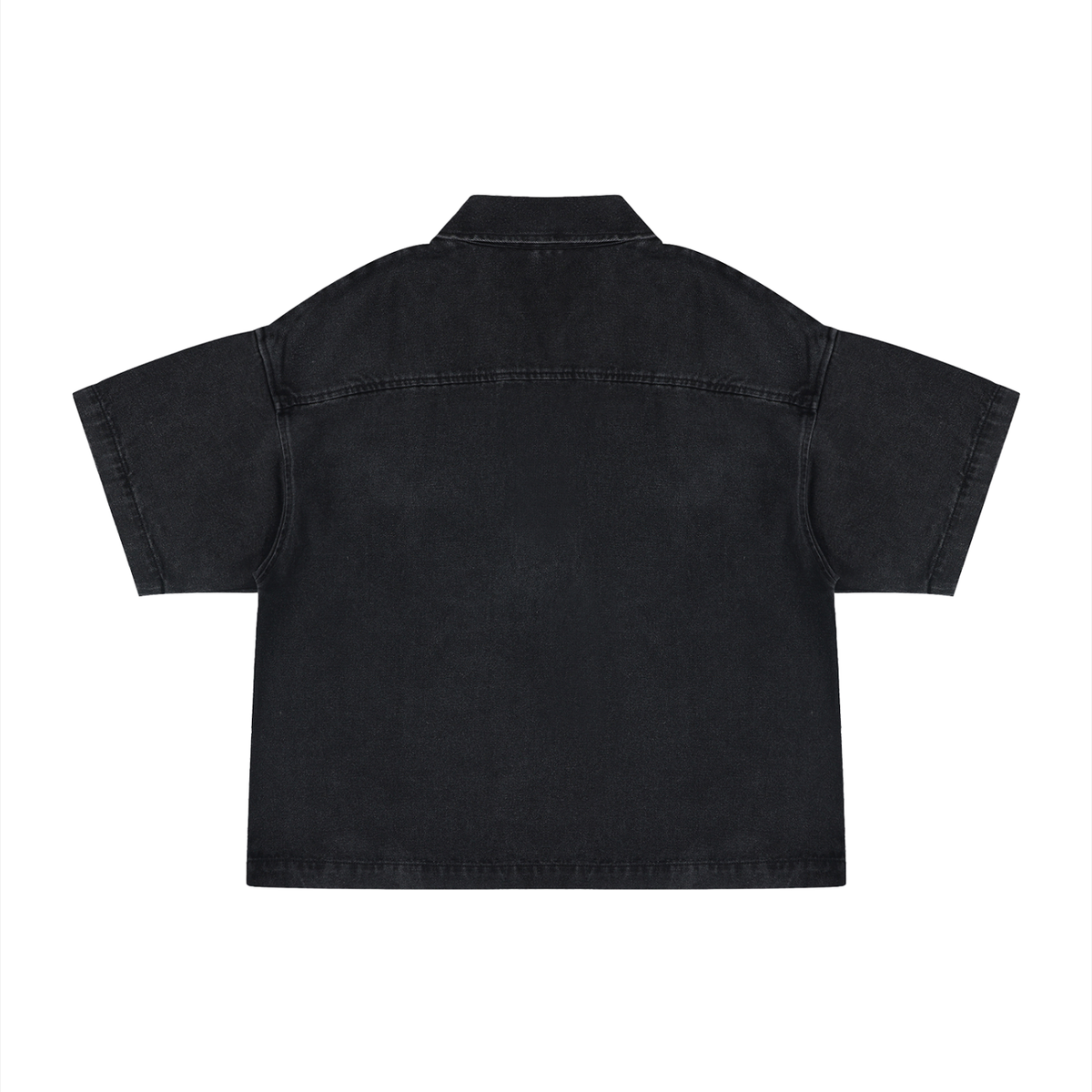 Back view of Anointed Garments unisex black vintage wash denim quarter-zip shirt with short sleeves and boxy fit.