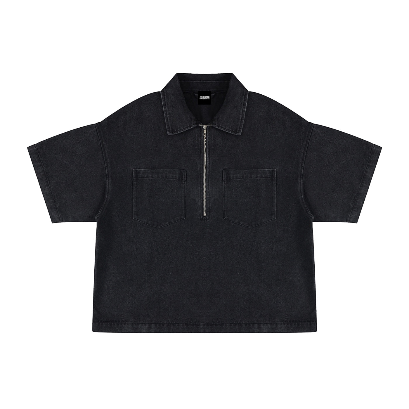 Anointed Garments short sleeve black denim shirt with a quarter-zip front, classic collar, and two chest pockets.