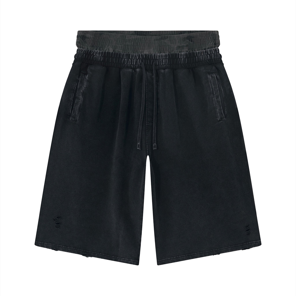 Anointed Garments unisex black vintage wash cotton wide leg shorts with distressed details and elastic waist