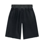 Anointed Garments unisex black vintage wash cotton wide leg shorts with distressed details and elastic waist