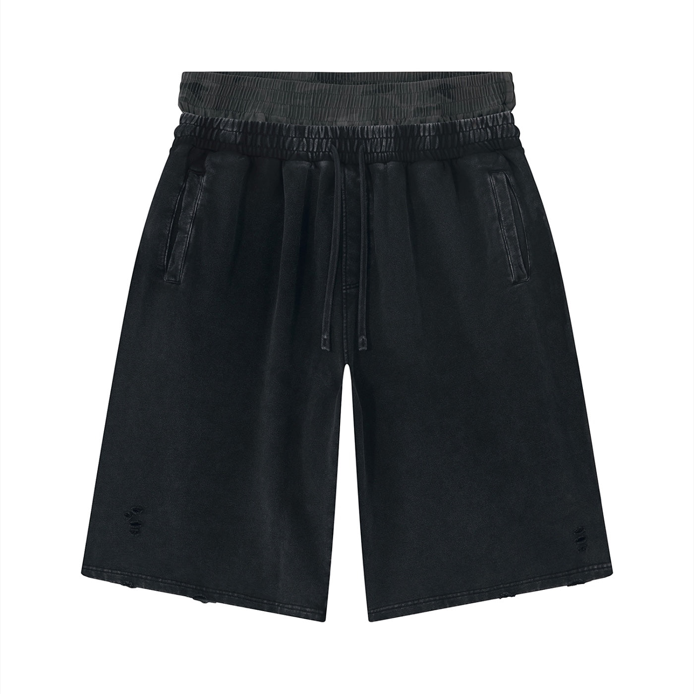 Anointed Garments unisex black vintage wash cotton wide leg shorts with distressed details and elastic waist