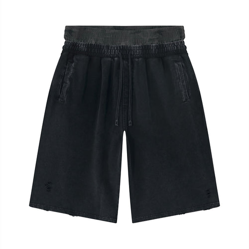 Anointed Garments unisex black vintage wash cotton wide leg shorts with distressed details and elastic waist