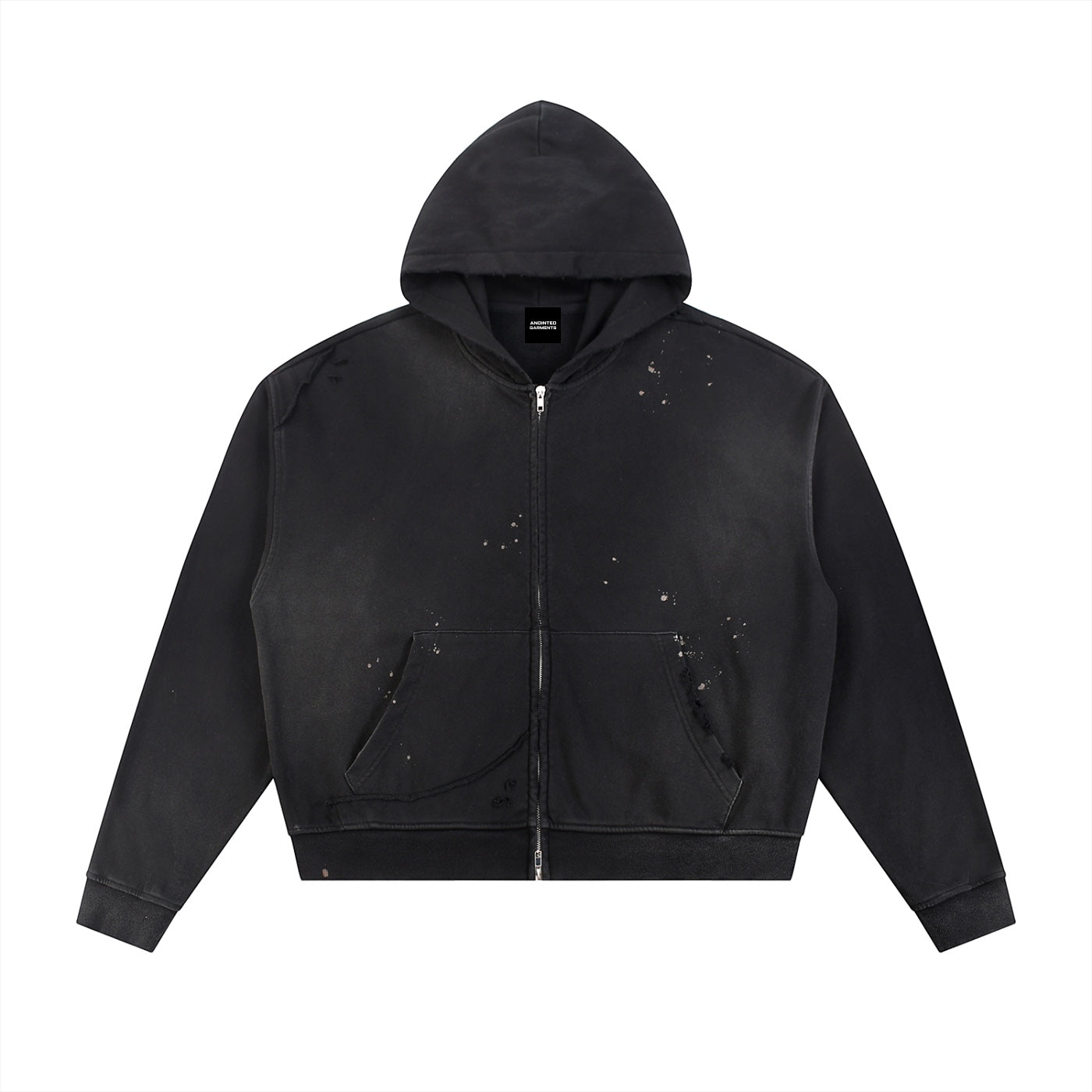 Anointed Garments unisex black zip-up fleece hoodie with a sun-faded finish, raw frayed edges, and distressed details.