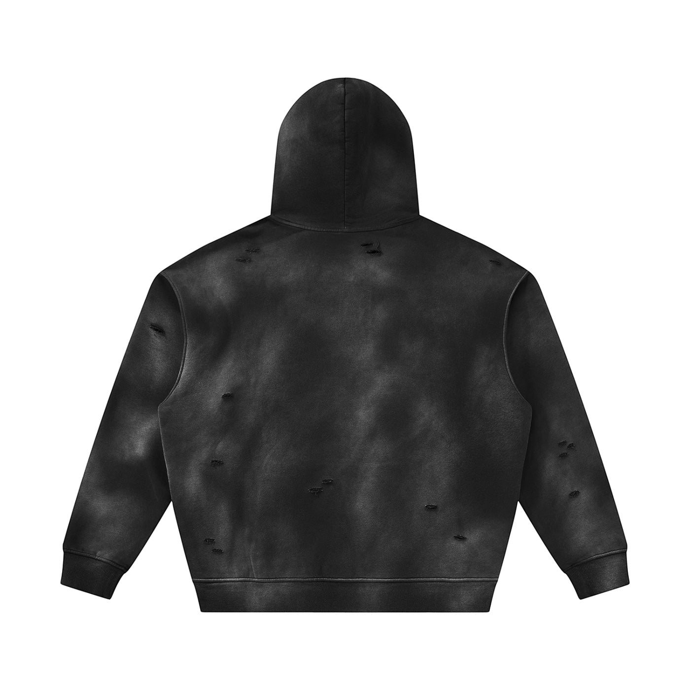 Anointed Garments black distressed pullover hoodie with a vintage washed finish and raw ripped details on the back
