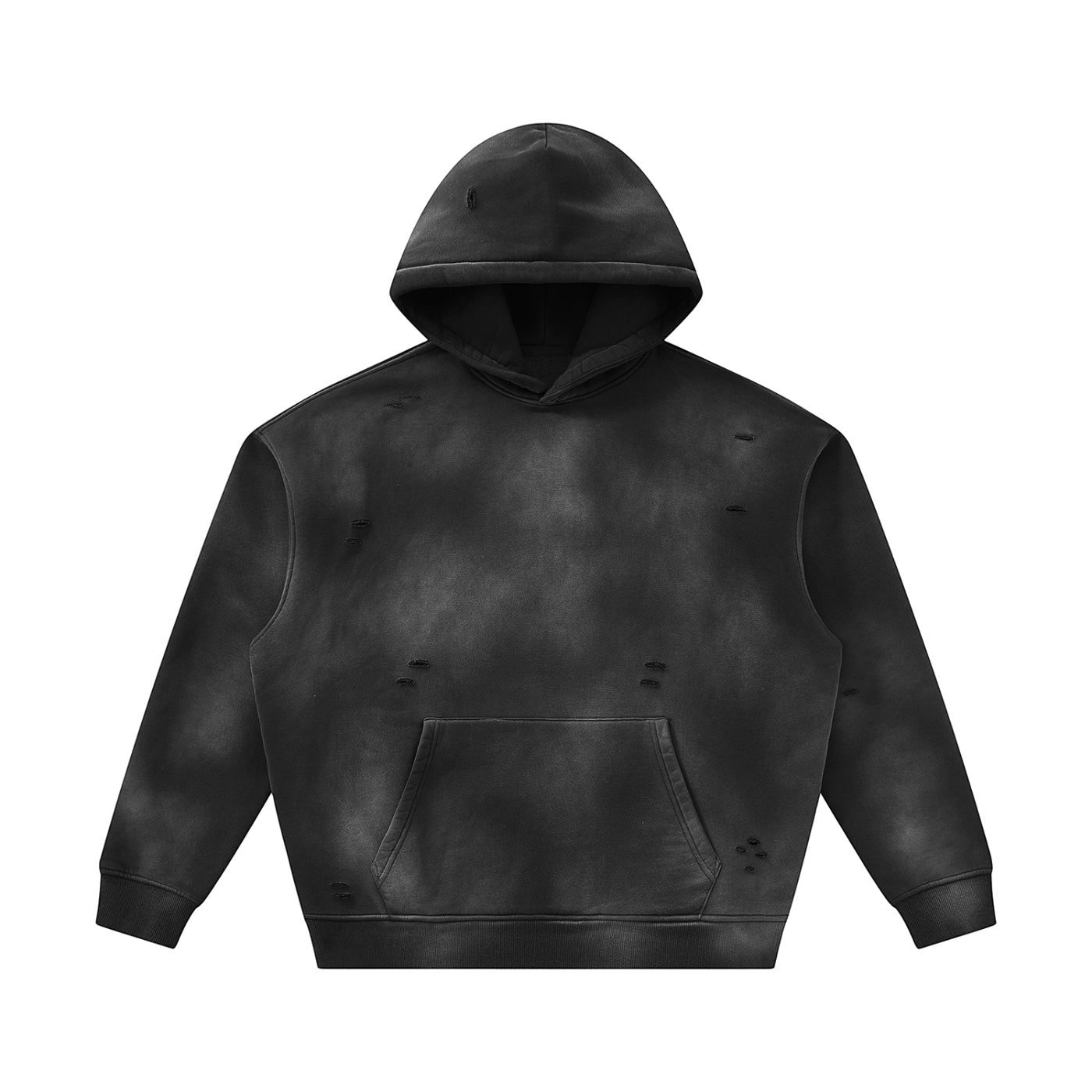 Anointed Garments black distressed pullover hoodie with a vintage washed finish, kangaroo pocket, and raw edge details.