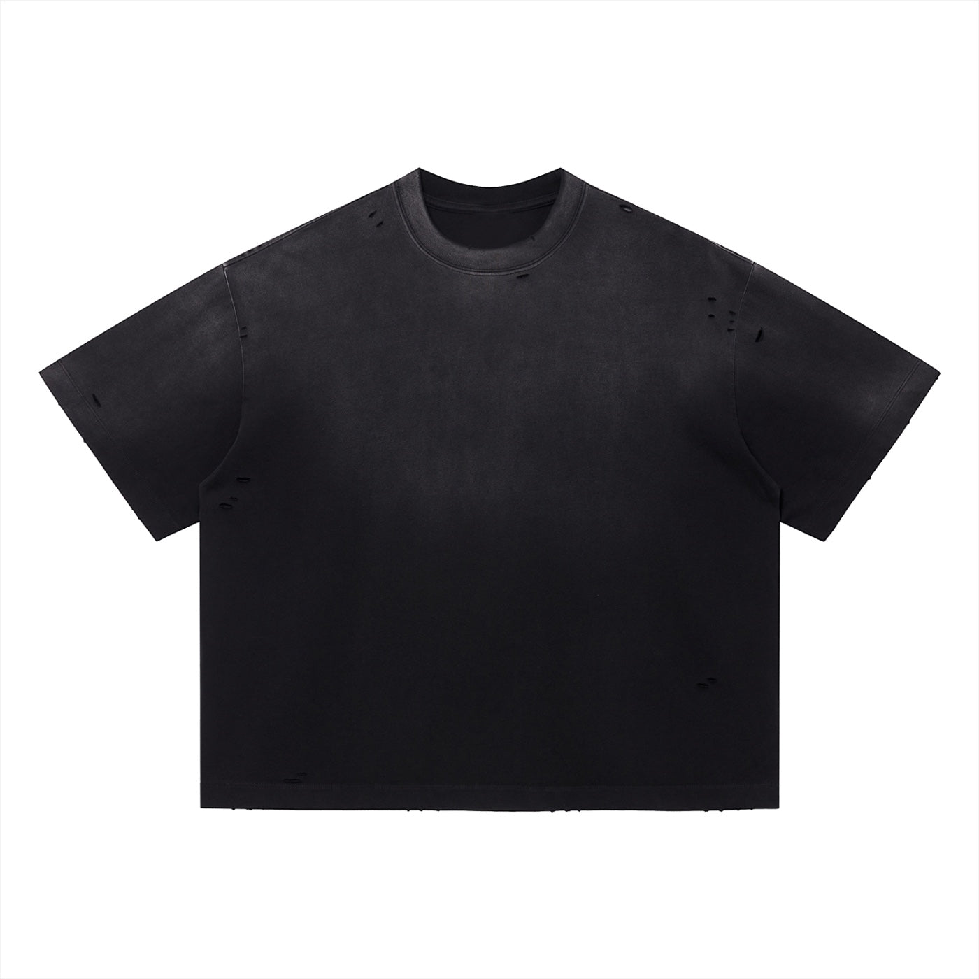Anointed Garments vintage washed black cotton t-shirt with a boxy oversized fit, drop shoulders, and distressed details