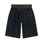 Anointed Garments unisex black vintage wash cotton shorts with distressed details and a patterned elastic waistband.